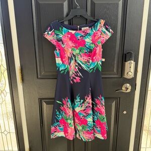 Eliza J Navy Floral Fit & Flare Dress with Pink and Teal Bloom